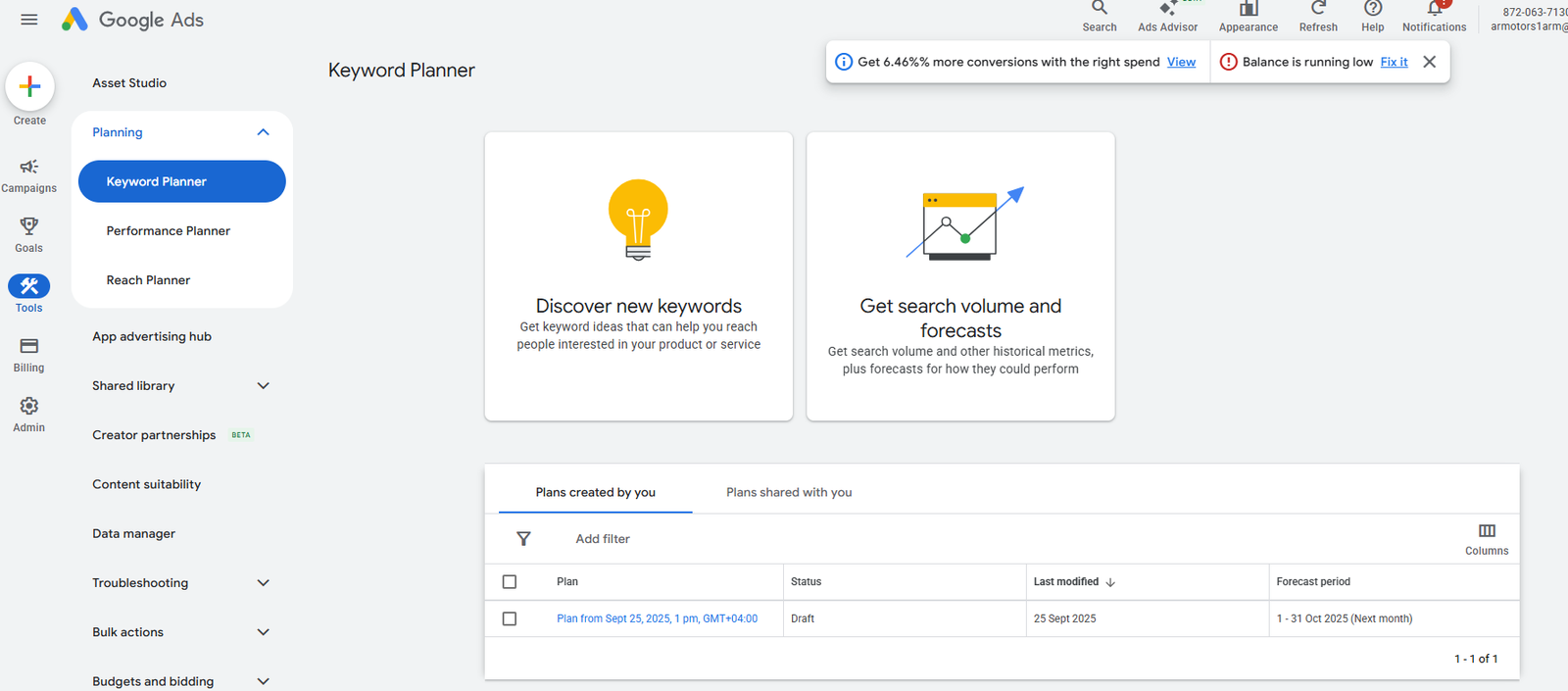 Interface of Google Keyword Planner