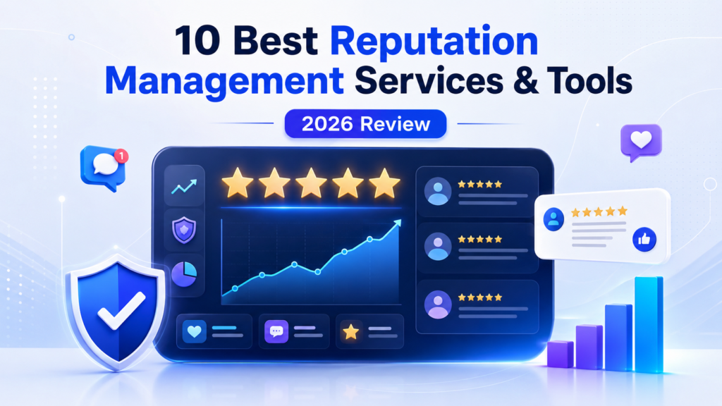 2026 reputation management services and tools review graphic featuring five-star ratings, customer review dashboard, trust shield, and positive growth analytics.