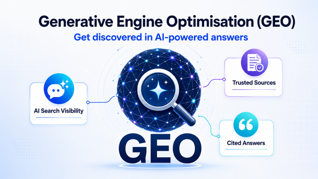 Generative Engine Optimisation GEO infographic showing AI search visibility, trusted sources, and cited answers around an AI-powered search globe.