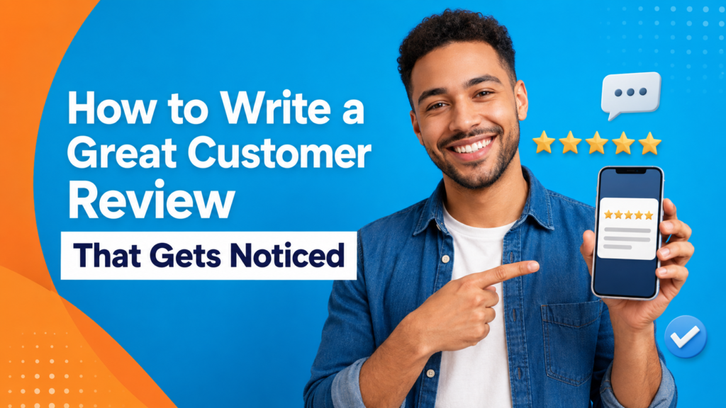 Smiling customer holding a smartphone with a five-star review, alongside the headline How to Write a Great Customer Review That Gets Noticed.