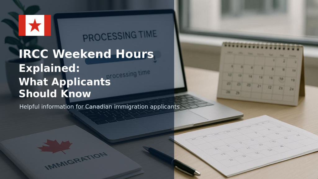 IRCC weekend hours guide featuring a laptop with processing time information, a calendar, Canadian immigration documents, and a Canada flag